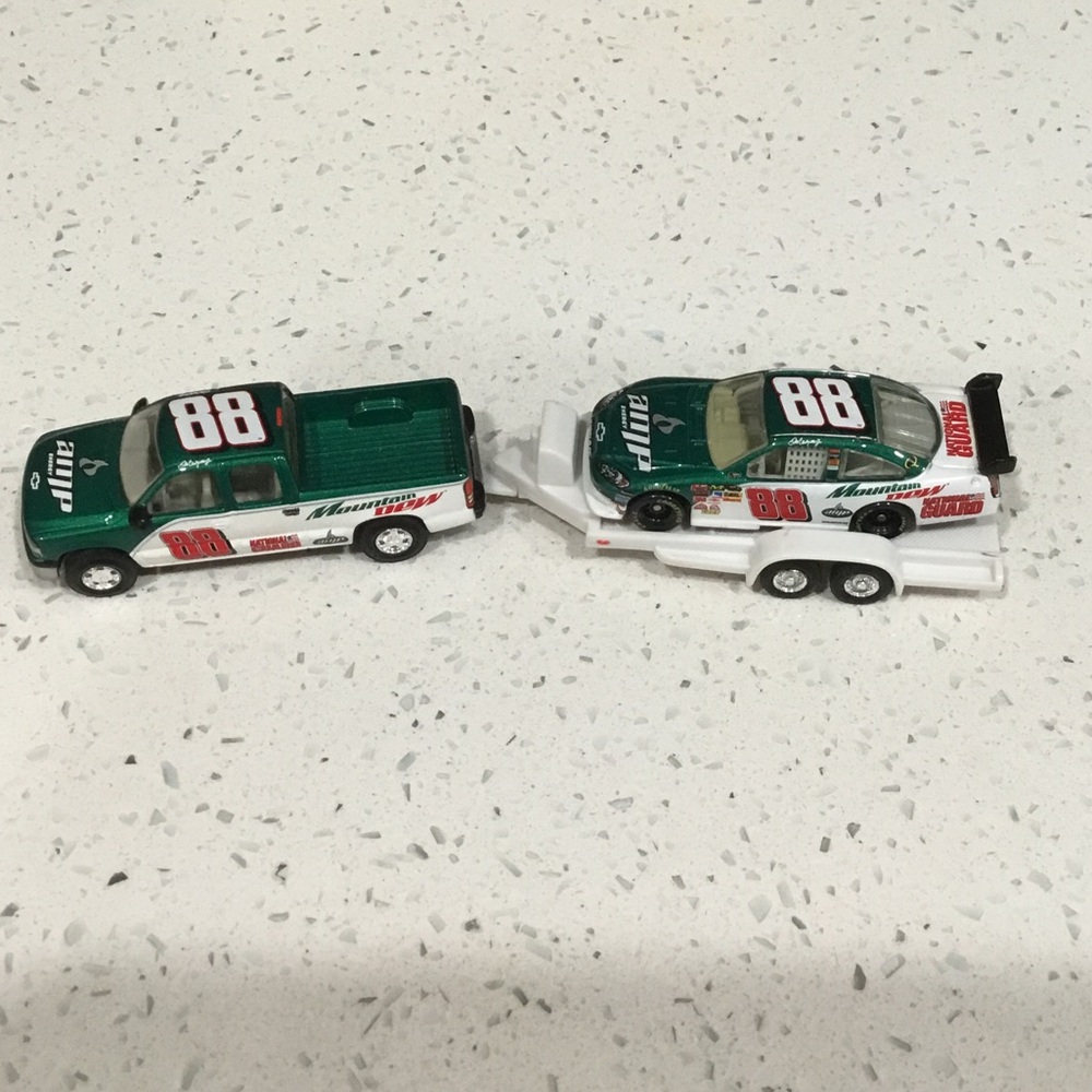 Nascar Green and White #88 Race Truck with Trailer and Car